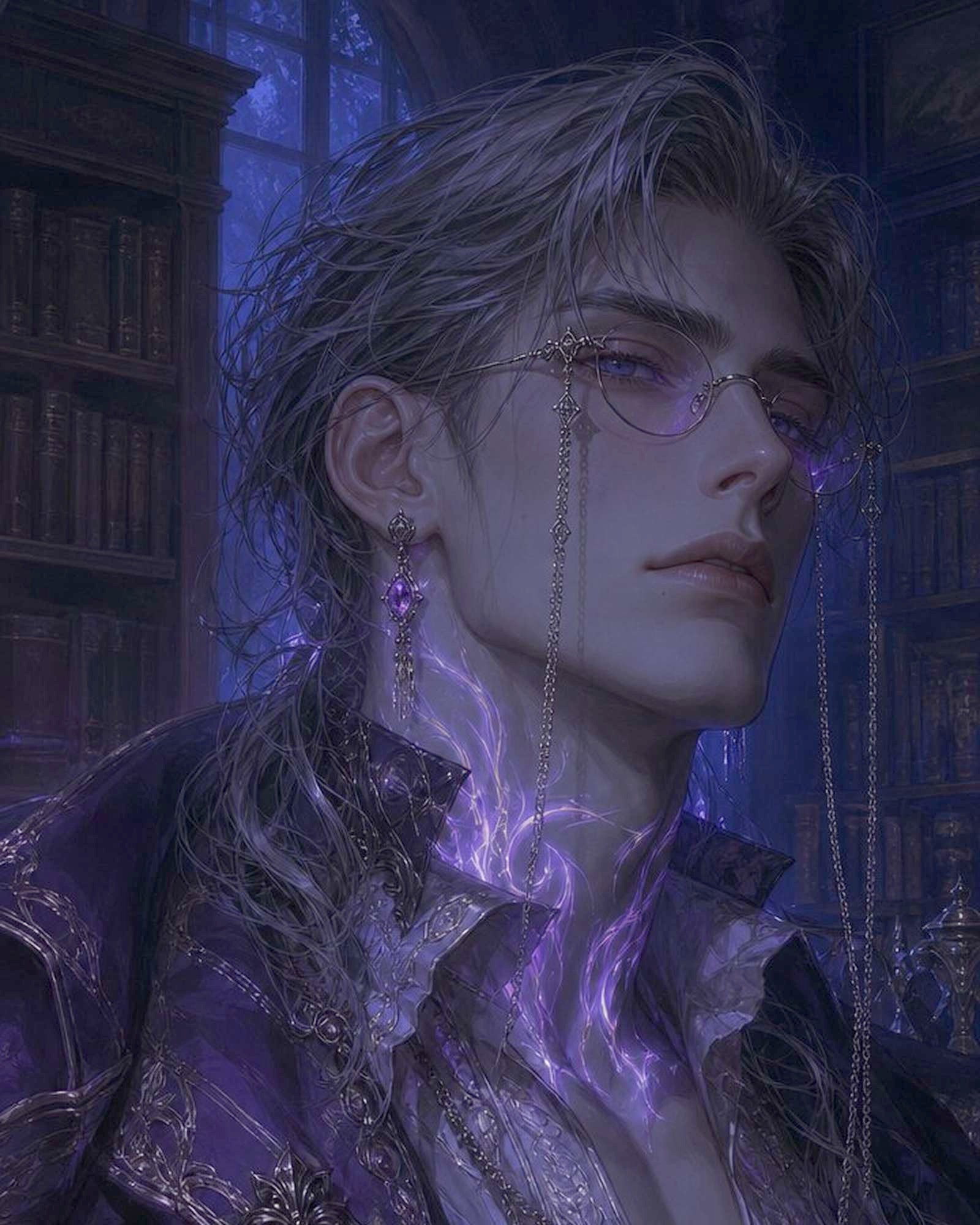 Silver-haired character with glasses in a violet library